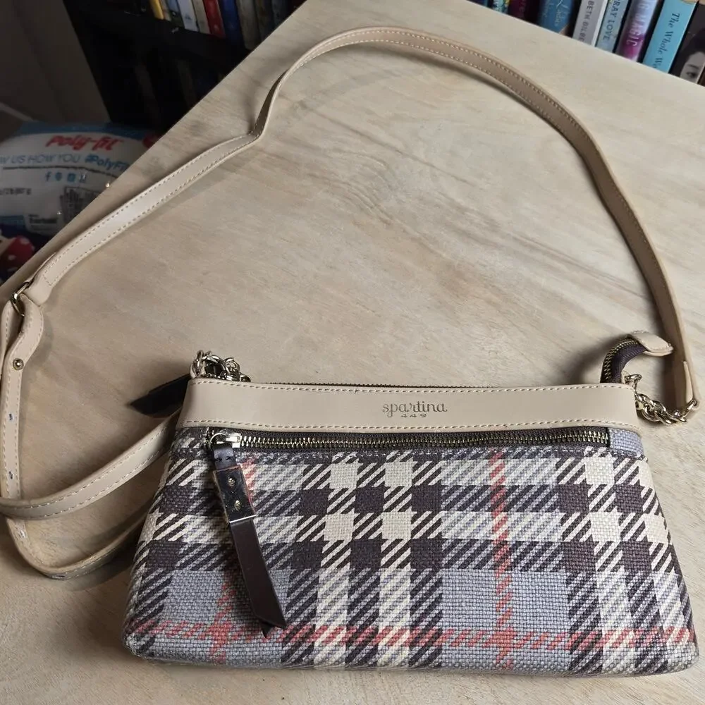 Spartina 449 Wymberly Crossbody Bag Purse Gray Ivory Brown Plaid